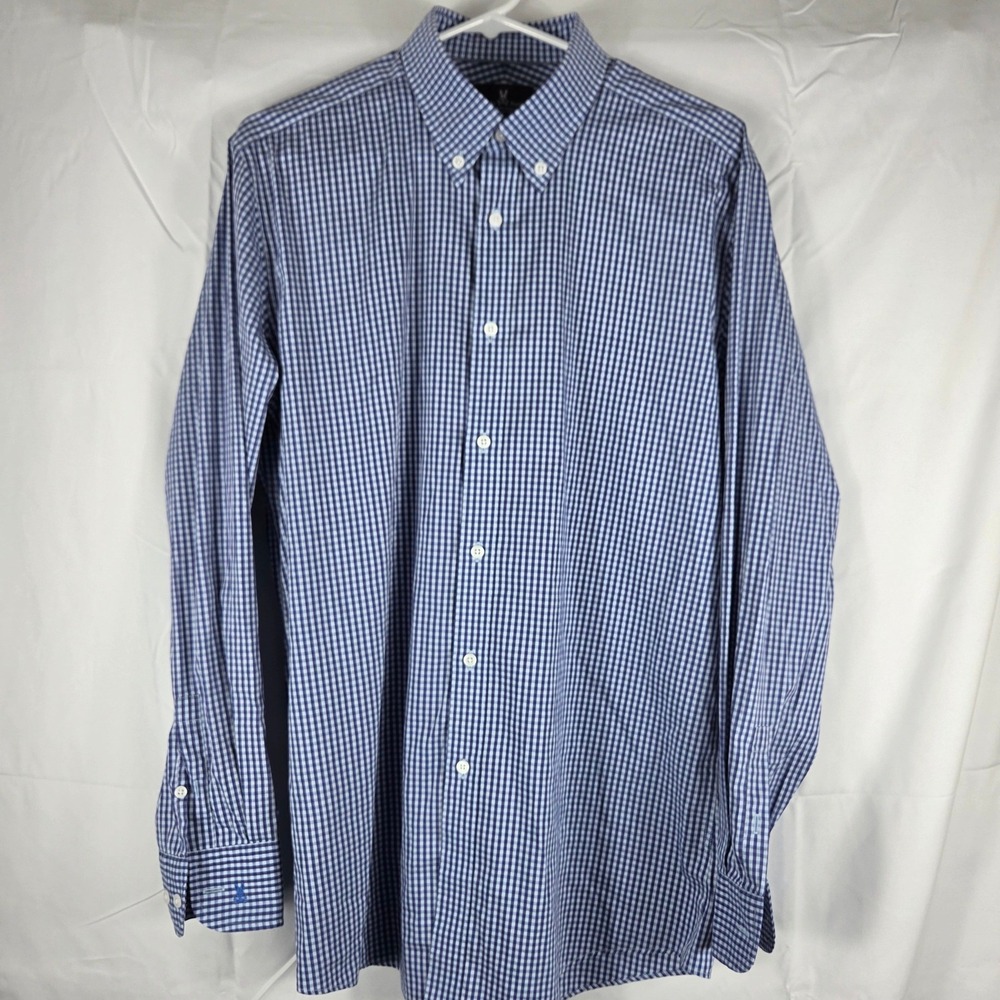 Psycho Bunny Mens Gingham Button Down Shirt Blue White Modern Fit 16 34/35